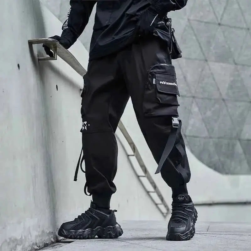 Men Cargo Joggers With Ribbons Pockets Harajuku Streetwear Sweatpants Hip Hop Trousers