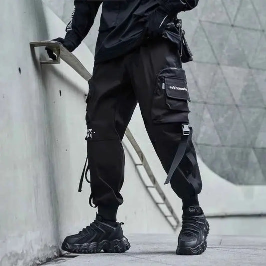 Men Cargo Joggers With Ribbons Pockets Harajuku Streetwear Sweatpants Hip Hop Trousers