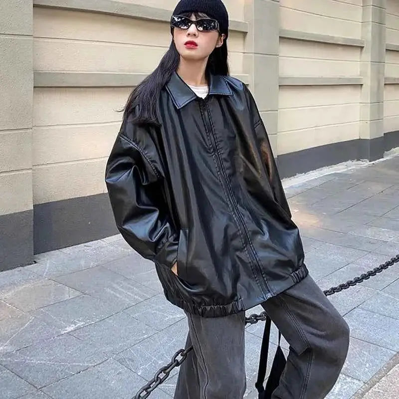 Korean Black Leather Jacket Women Winter Long Moto Biker Zipper Streetwear Harajuku Y2K Loose Coat 2023