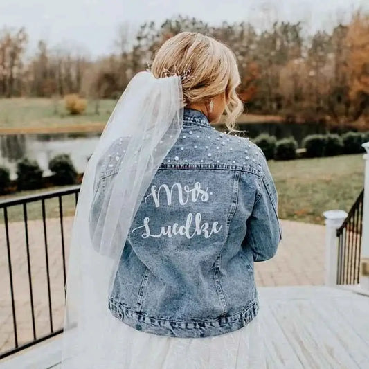 Mrs Denim Jacket With Pearls Personalized Bride Jean Jacket Custom Text On Collar Or Back Wedding Gift For Bride
