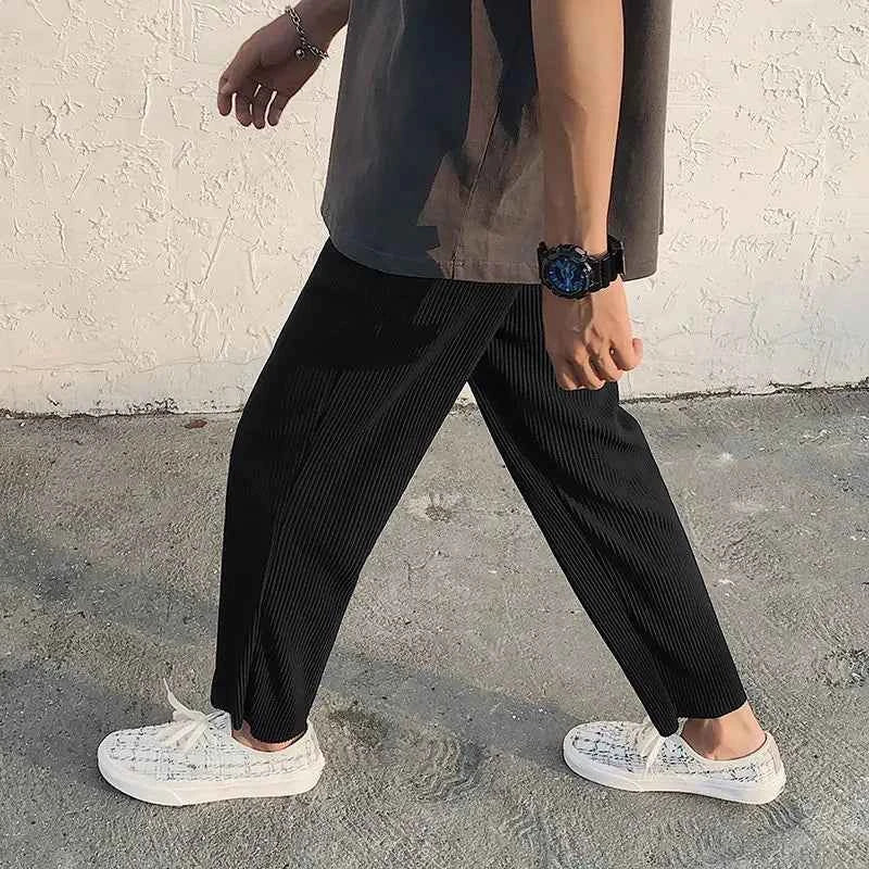 Pleated Men Asian Size Summer Casual Wide Leg Ice Silk Pants Loose Japanese Streetwear Trousers