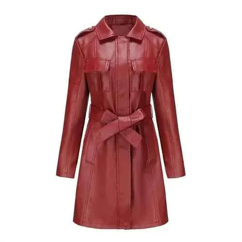 Black Women PU Leather Long Jacket Windbreaker For Spring And Autumn Lapel Single Breasted Long Sleeve