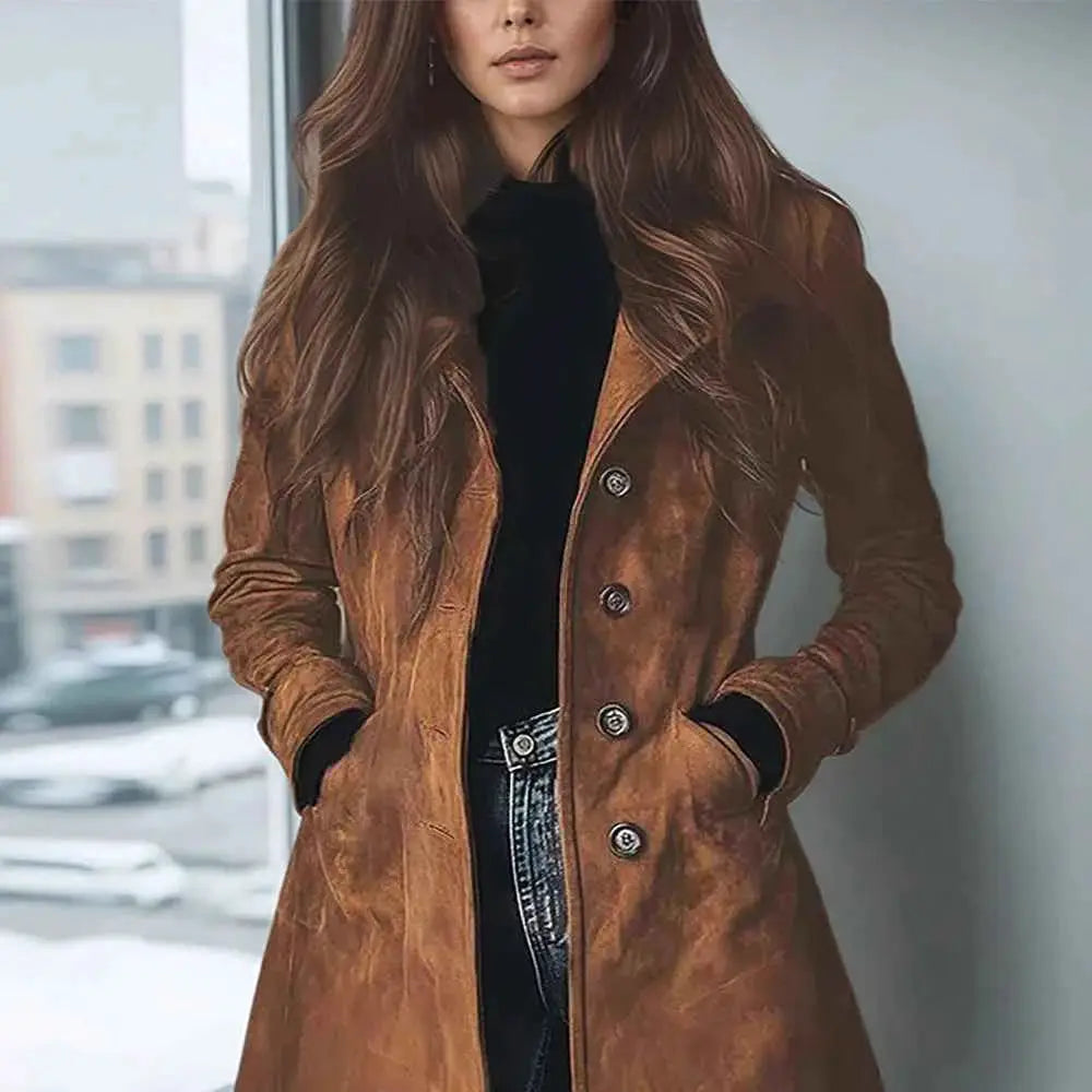 Elegant Suede Long Trench Coat Women Vintage Pocket Single Breasted Long Sleeve Outerwear Windbreaker Fall Jacket