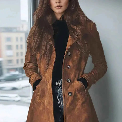 Elegant Suede Long Trench Coat Women Vintage Pocket Single Breasted Long Sleeve Outerwear Windbreaker Fall Jacket