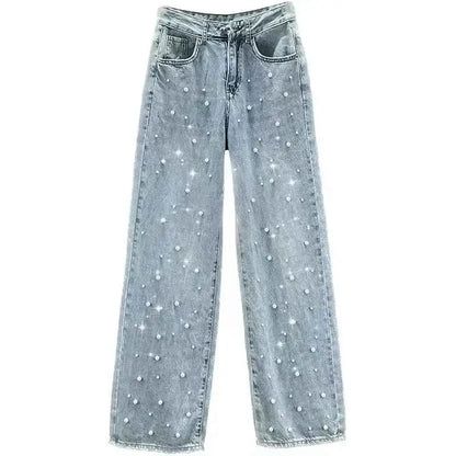 TeenStylo Beaded Denim Pants Wide Leg Jeans For Women Trendy Beaded Detailing Denim Trousers