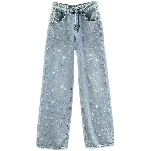 TeenStylo Beaded Denim Pants Wide Leg Jeans For Women Trendy Beaded Detailing Denim Trousers