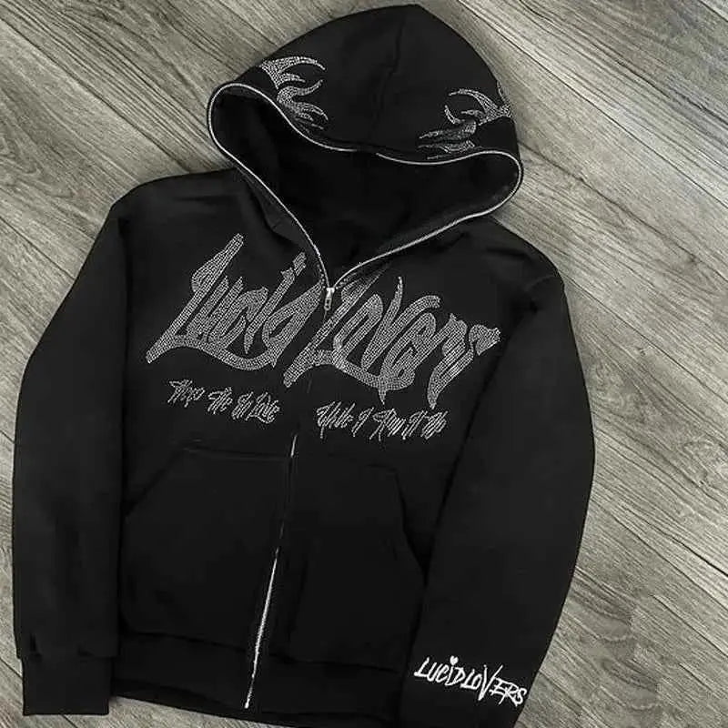 Y2K Jacket For Men Zip Hoodie Rhinestone Pattern Goth Sweatshirt Long Sleeve Oversized Pullover Hoodie