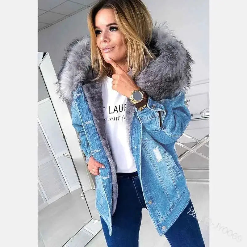 Winter Vintage Ripped Denim Coat With Hooded Plush Lining Pocket Stitching Long Sleeve Baggy Jacket For Women
