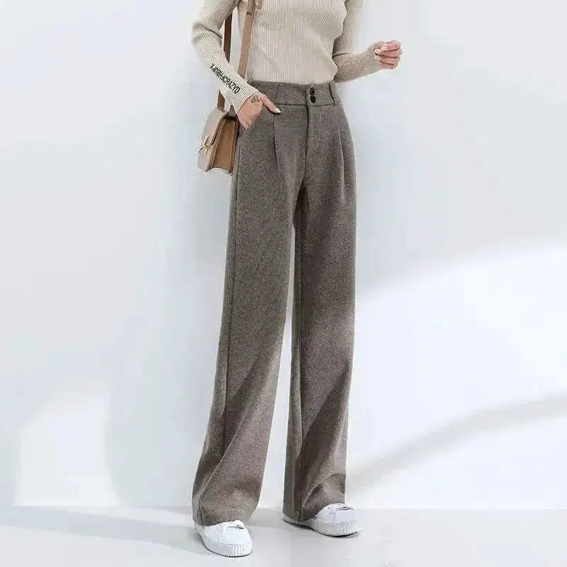 Woolen Wide Leg Pants For Women High Waist Drape Casual Loose Straight Long Pants