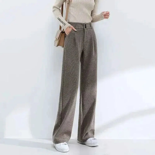 Woolen Wide Leg Pants For Women High Waist Drape Casual Loose Straight Long Pants