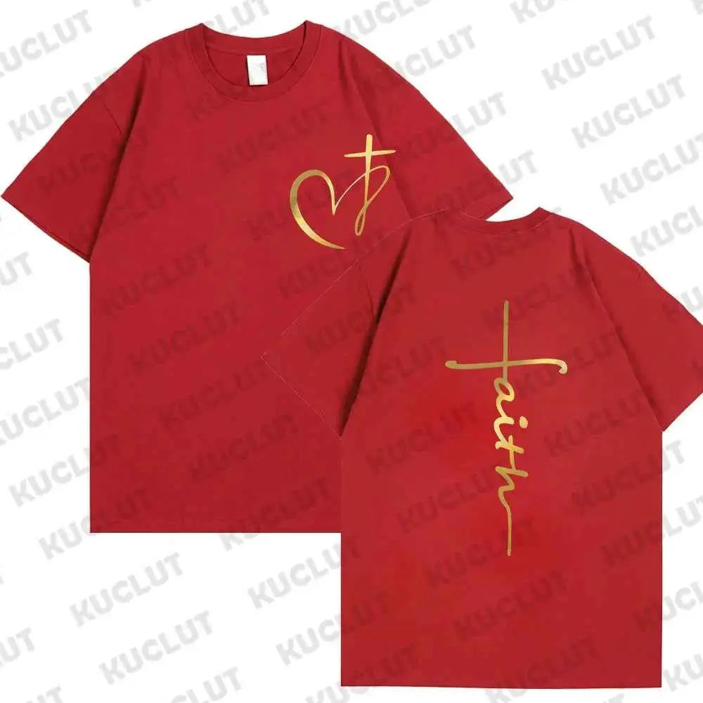 Women's Summer T Shirt Heart Cross Print Faith Jesus Tee Short Sleeve Top Fashion Brand Clothing