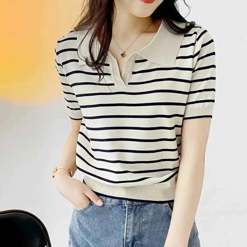 Women Summer Polo T Shirt Short Sleeve Cotton Striped Casual Fashion Top Tee Available In M L XL
