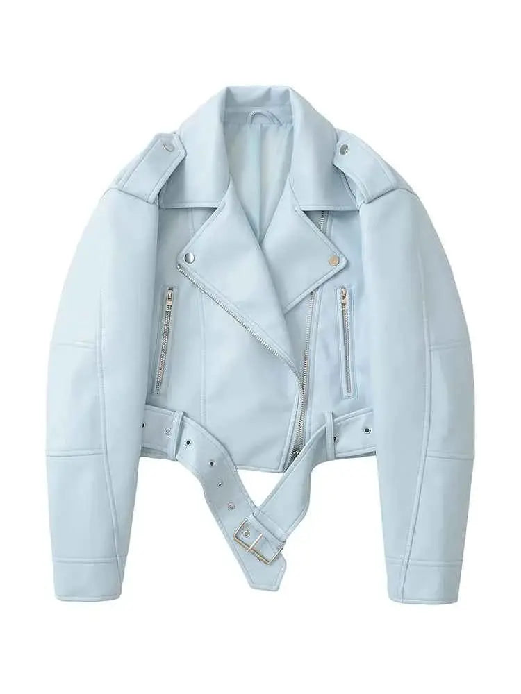 Women Faux PU Leather Short Jacket Belted Motorcycle Style Zipper Lapel Spring Autumn Outwear