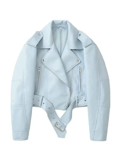 Women Faux PU Leather Short Jacket Belted Motorcycle Style Zipper Lapel Spring Autumn Outwear