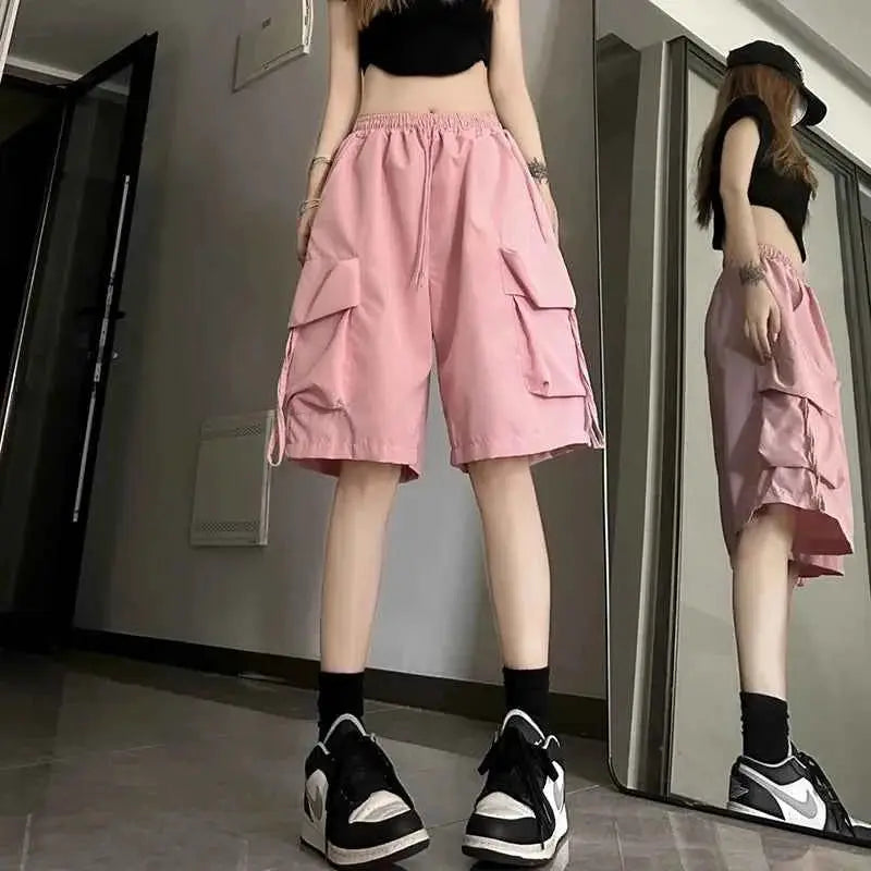 Y2K Cargo Shorts Women Harajuku Black Oversized Wide Leg High Waist Baggy Summer Streetwear New