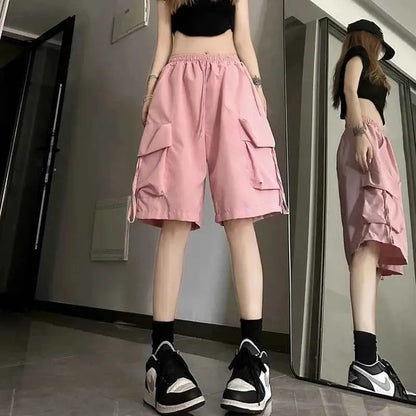 Y2K Cargo Shorts Women Harajuku Black Oversized Wide Leg High Waist Baggy Summer Streetwear New