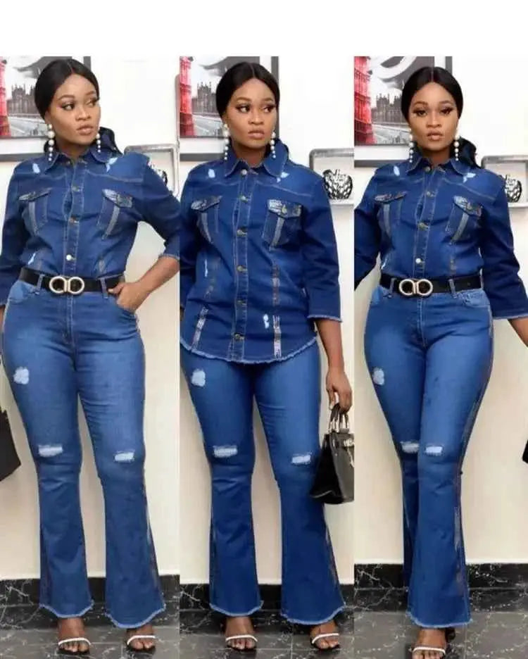 Women Two Piece Cowboy Suit Set With Jean Jacket And Flare Pants Single Breasted Turndown Collar Casual Ensemble