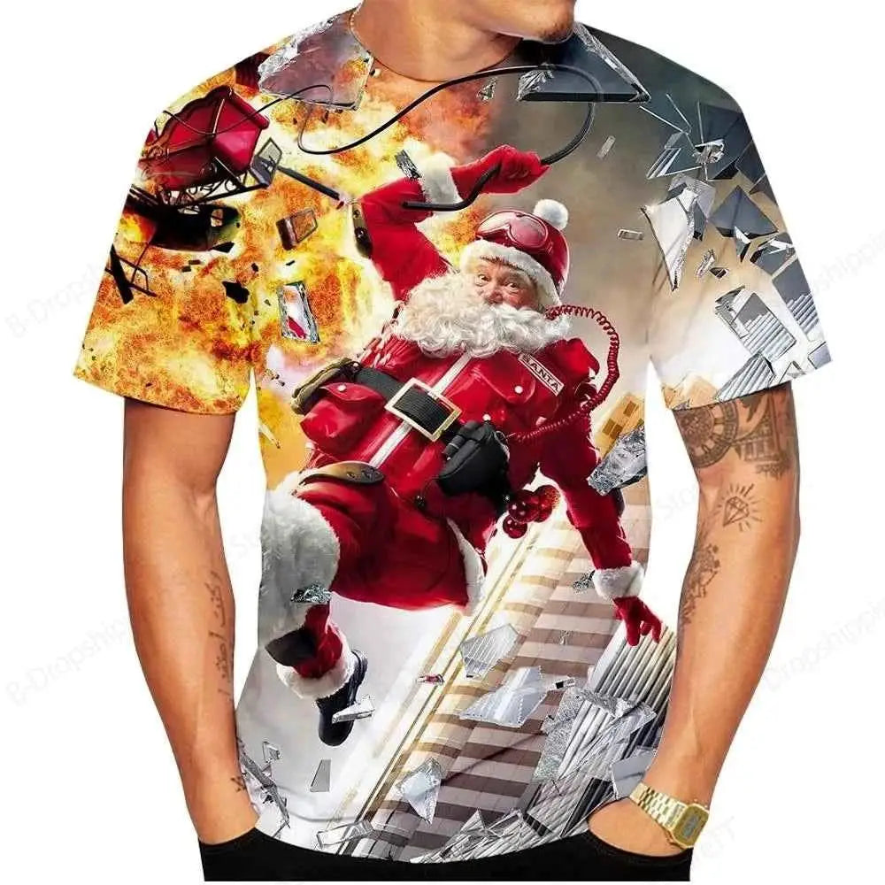 Christmas Santa Claus 3D Print T Shirt For Men Casual Short Sleeve O Neck Oversized Tee