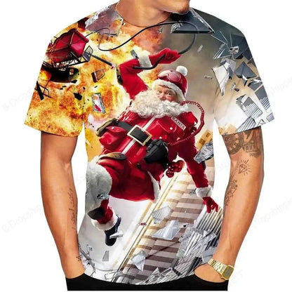 Christmas Santa Claus 3D Print T Shirt For Men Casual Short Sleeve O Neck Oversized Tee