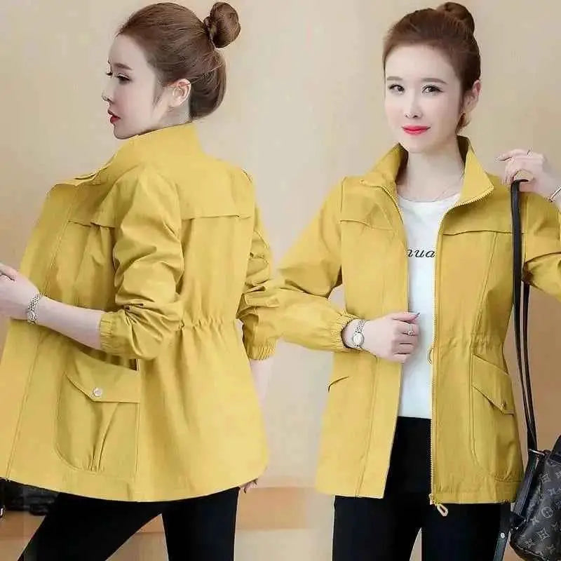 Women's Short Jacket Windbreaker Double Layer Autumn Casual Slim Fit Coat Stand Up Collar Fashion Ladies Outerwear