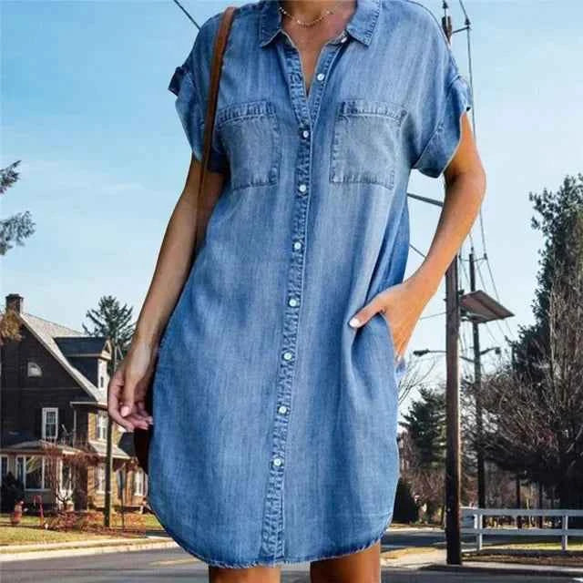 Women Denim Shirt Dress Short Sleeve Distressed Jean Button Down Casual Tunic Top Casual Wear