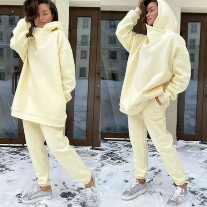 Winter Womens Tracksuit Two Piece Set Solid Long Sleeve Hooded Running Sports Suit Warm Hoodie Sweatpants