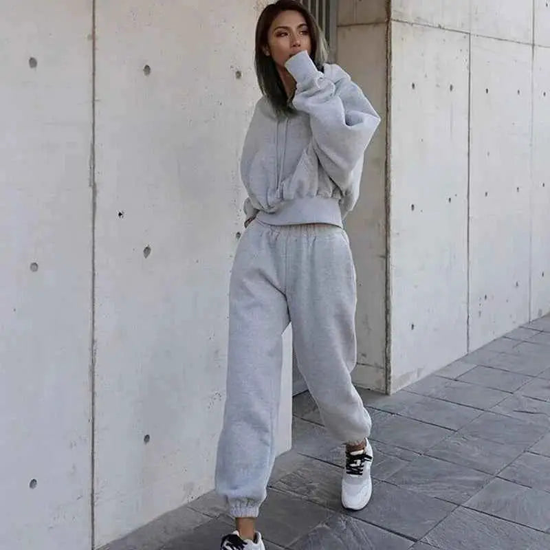 Women Fleece Two Piece Set Hoodie And Sweatpants Tracksuit 2023 Spring Winter Vintage Y2K Streetwear