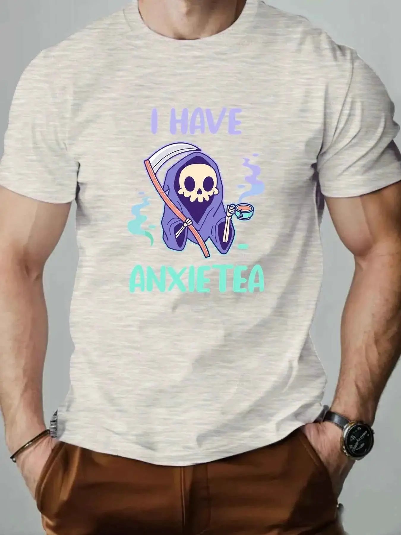 Men 100% Cotton Oversized T Shirt O Neck ANXIETEA Graphic Print Streetwear Casual Loose Fit Summer Tee Top For Daily Wear