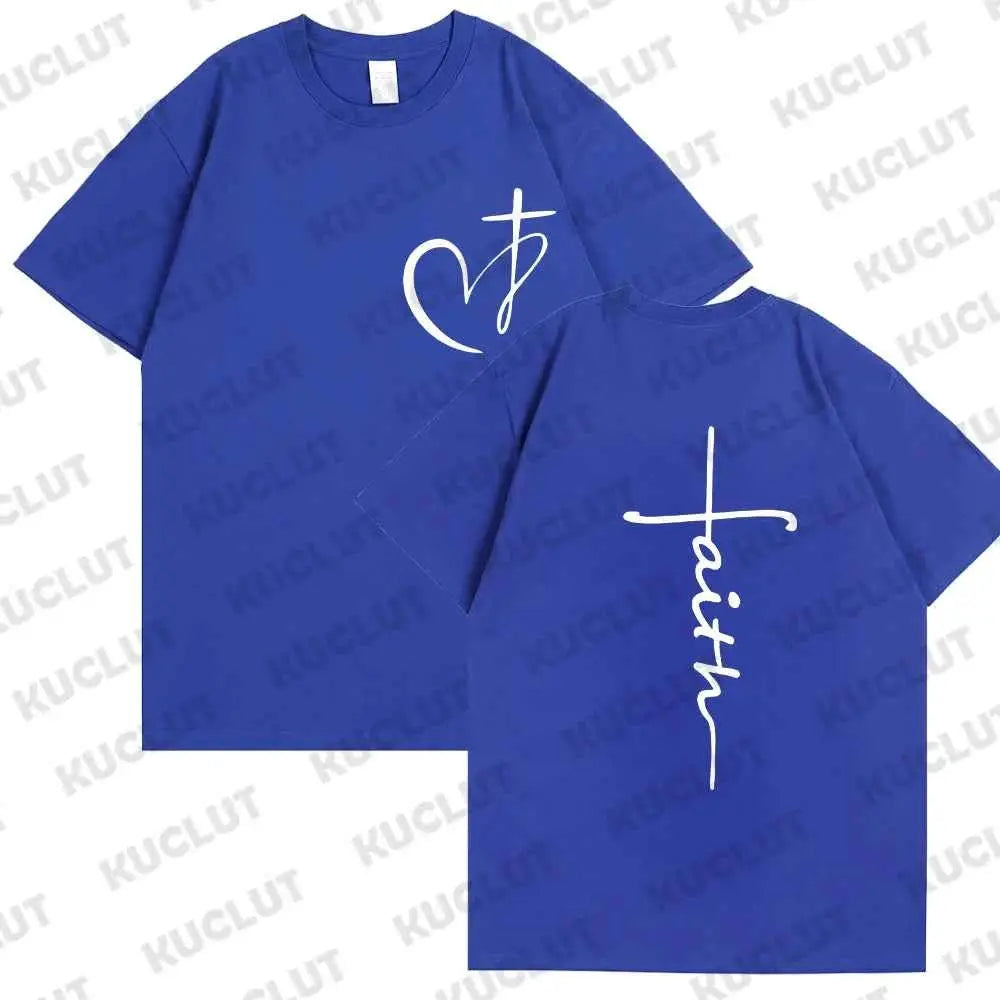 Women's Summer T Shirt Heart Cross Print Faith Jesus Tee Short Sleeve Top Fashion Brand Clothing