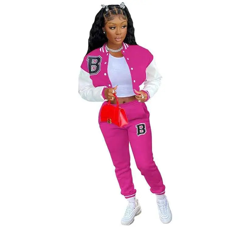 CM YAYA Letter B Baseball Womens Tracksuit Two Piece Jacket And Sweatpants Set Outfit