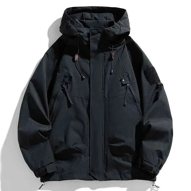 Men's Windbreaker Hooded Jacket Waterproof Softshell Zipper Coat Cargo Pockets Black For Outdoor Hiking Camping