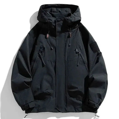 Men's Windbreaker Hooded Jacket Waterproof Softshell Zipper Coat Cargo Pockets Black For Outdoor Hiking Camping