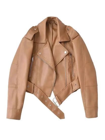 Women Faux PU Leather Short Jacket Belted Motorcycle Style Zipper Lapel Spring Autumn Outwear