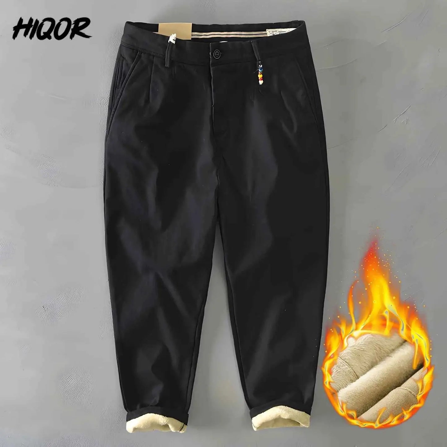 HIQOR Men Cargo Pants Winter 2026 Fleece Warm Khaki Casual Trousers Beading Design Business Pants
