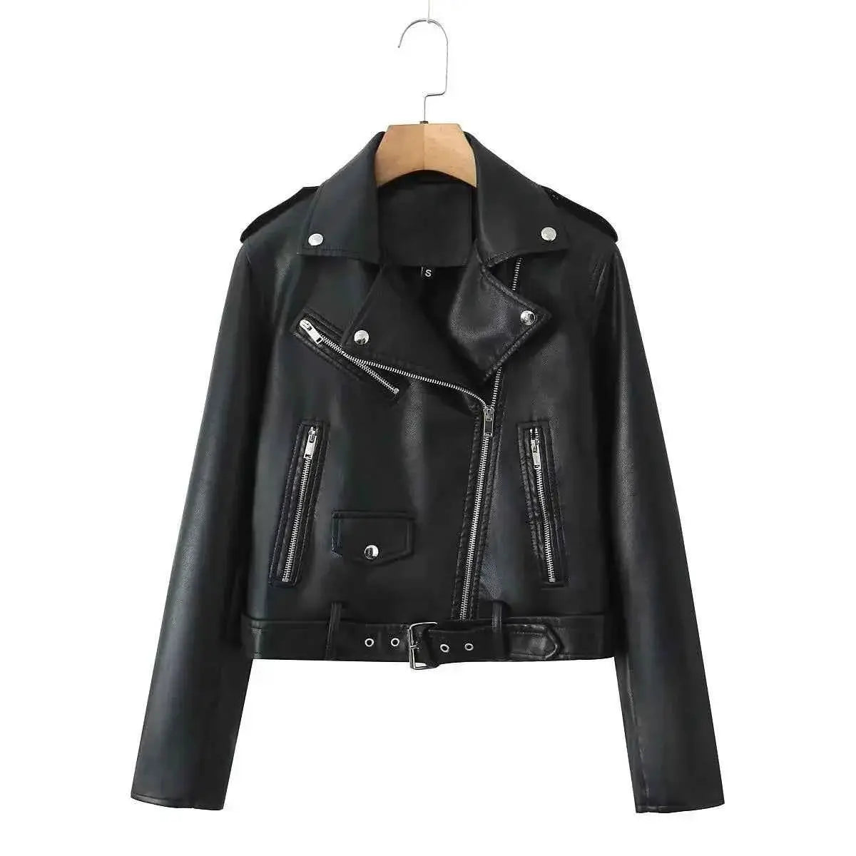 BBWM Faux PU Leather Jacket for Women Short Zipper Lapel Motorcycle Style High Street Coat