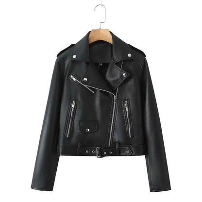 BBWM Faux PU Leather Jacket for Women Short Zipper Lapel Motorcycle Style High Street Coat