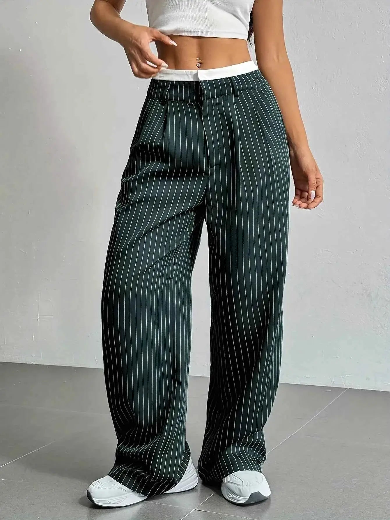 Women Striped Printed Full Length Pants High Waist Loose Wide Leg Trousers Casual Y2K Fashion