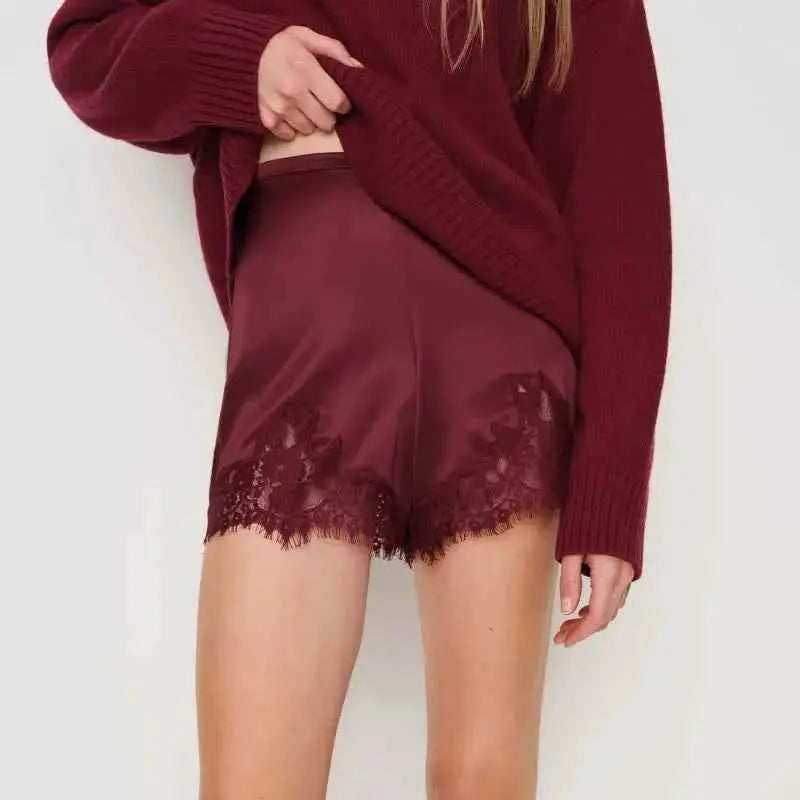 Women Y2K Silk Lace Trim Shorts Pajama Micro Mini Slip Boxer Lounge Low Rise Bottoms Streetwear