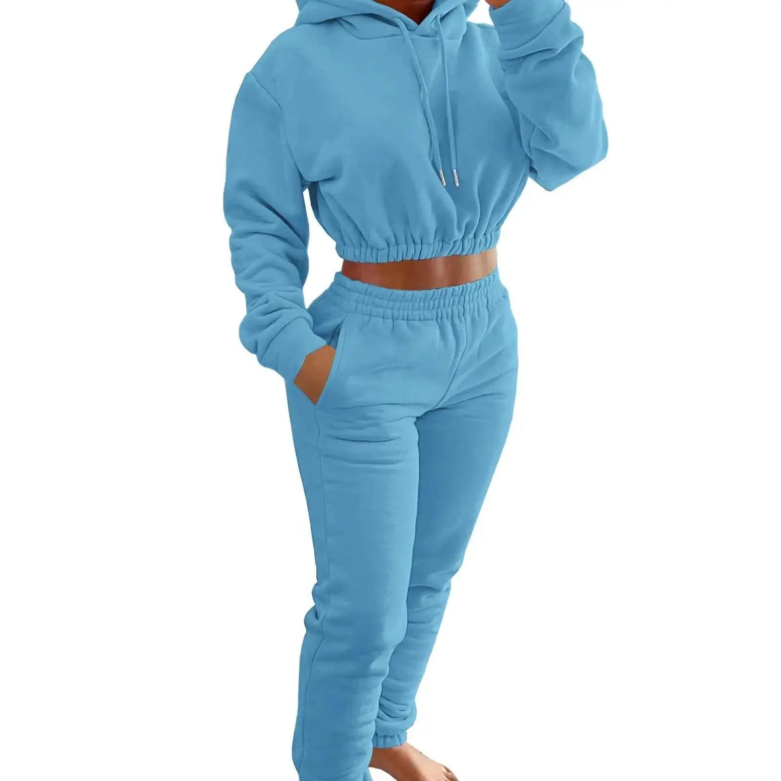 Women Autumn Winter Fleece Crop Top Hoodie Sweatshirt And Sweatpants Tracksuit 2 Piece Jogger Set Sweatsuit