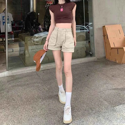 Khaki Pocket Baggy High Waist Cargo Denim Shorts for Women Korean Style Harajuku Summer Fashion