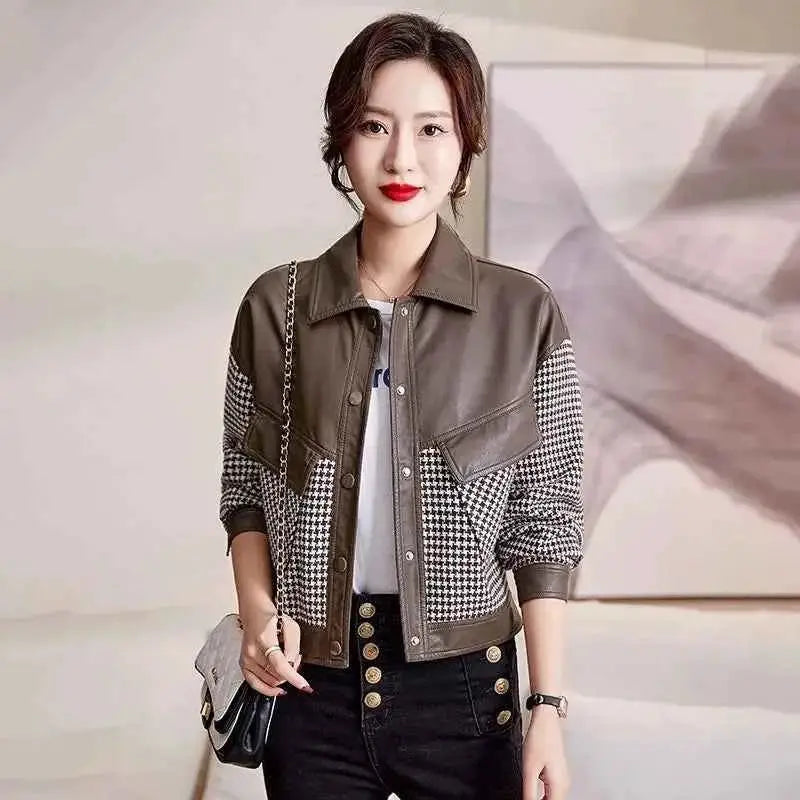 Leather Coat For Women PU Leather Motorcycle Jacket Short Splice Design 2024 Spring Autumn