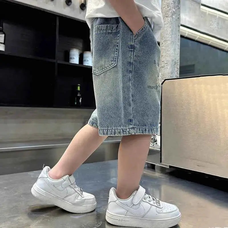 Boys Street Style Ripped Denim Shorts Vintage Wash Casual Summer Shorts With Holes Kids Cool Destroy Bottoms