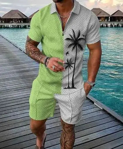 Mens Summer Tracksuit Set 3D Printed Casual Short Sleeve T Shirt With Lapel Zip Polo For Jogging