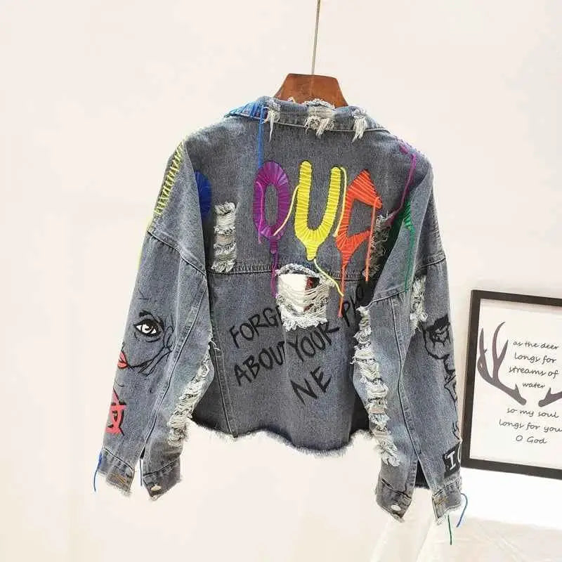 2026 Spring Autumn Women Graffiti Denim Jacket Frayed Raw Cut Rivet Fringe Jean Coat Outwear