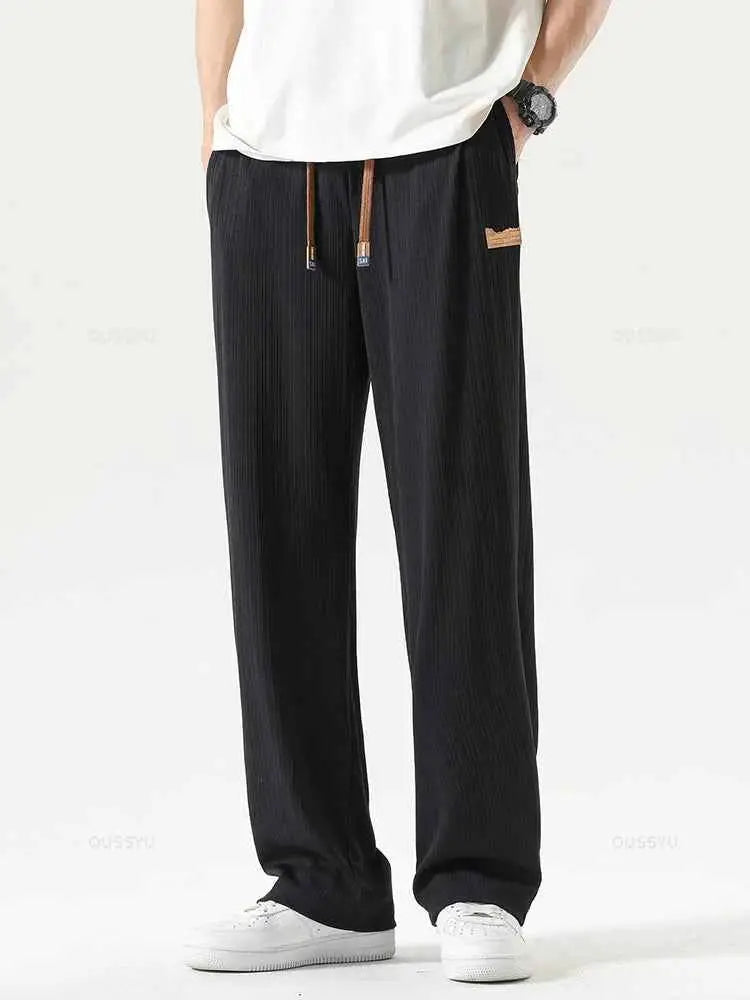 Summer Striped Pattern Breathable Casual Pants For Men Elastic Waist Jogger Trousers Loose Wide Leg Streetwear