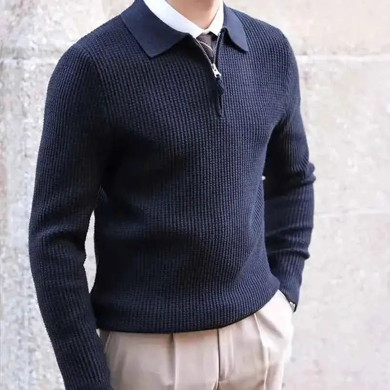Fall 2024 Men Retro Knitted Pullover Sweater With Lapel Slim Fit Streetwear Casual Warm