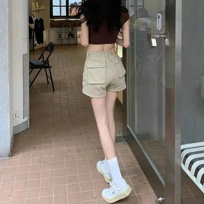 Khaki Pocket Baggy High Waist Cargo Denim Shorts for Women Korean Style Harajuku Summer Fashion