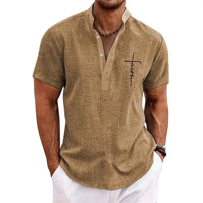 Faith Letter 3D Printed Henley Shirts For Men Oversized Button Stand Collar Short Sleeve T Shirt