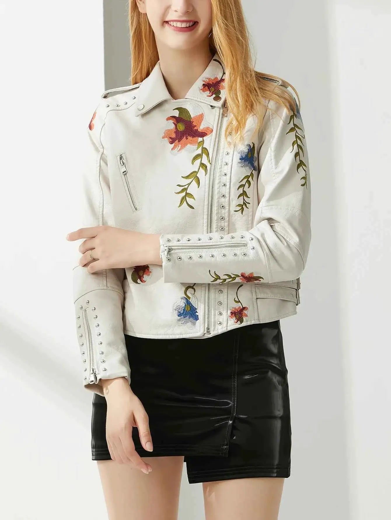 Women Rivet Floral Embroidery Moto Jacket Faux PU Leather Outerwear Black Punk Biker Style
