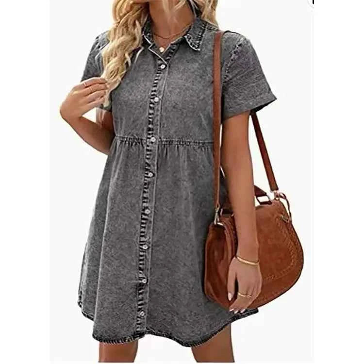 Women Denim Shirt Dress Short Sleeve Turn Down Collar Jean Dress Single Breasted Casual Loose Fit With Ruffled Edge